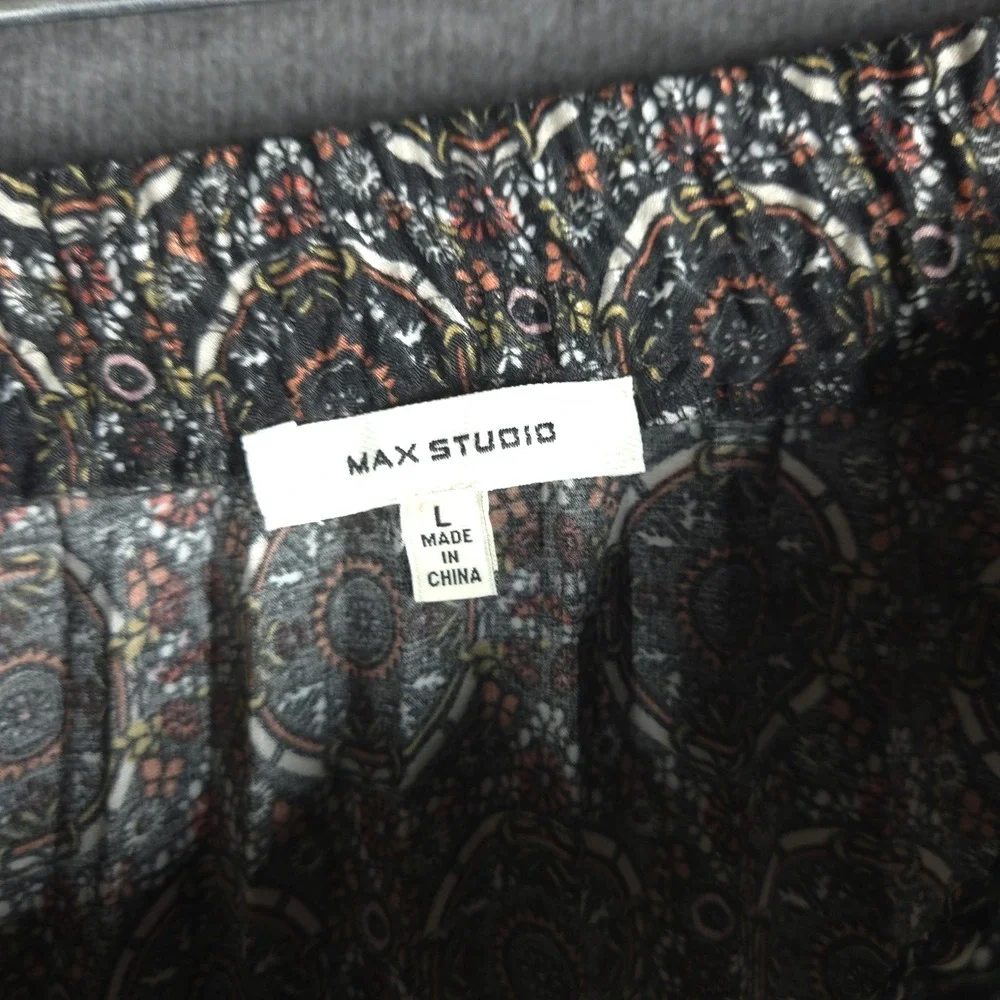 Max Studio Boho Pleated Midi Skirt Floral Medallion‎ Print Elastic Waist L